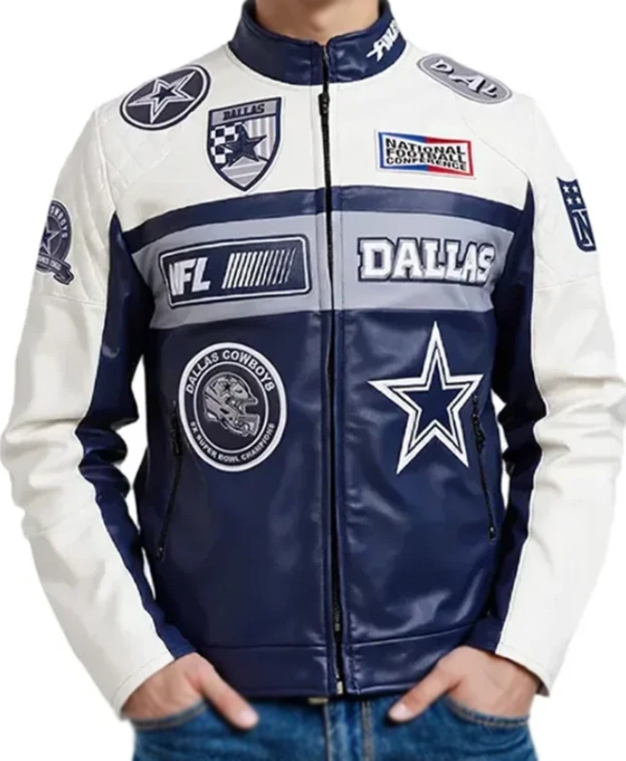 Dallas Cowboys Moto Navy And White Full Zip Genuine Leather Jacket