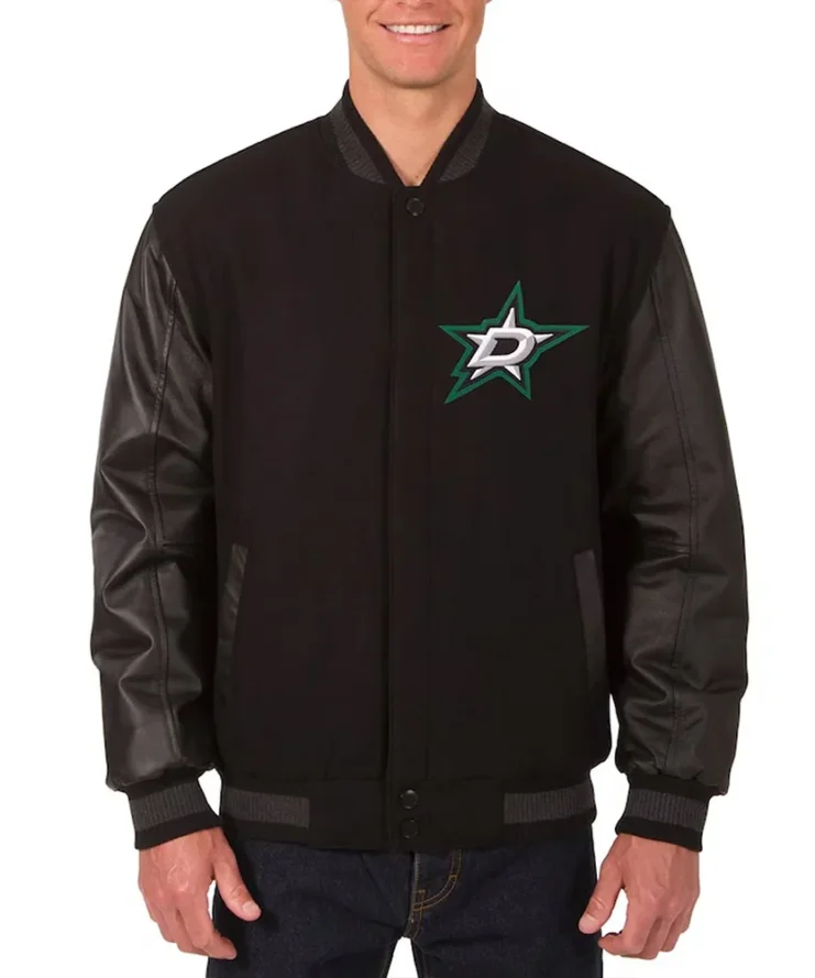 Dallas Stars Wool Leather Black Varsity Full Snap Jacket