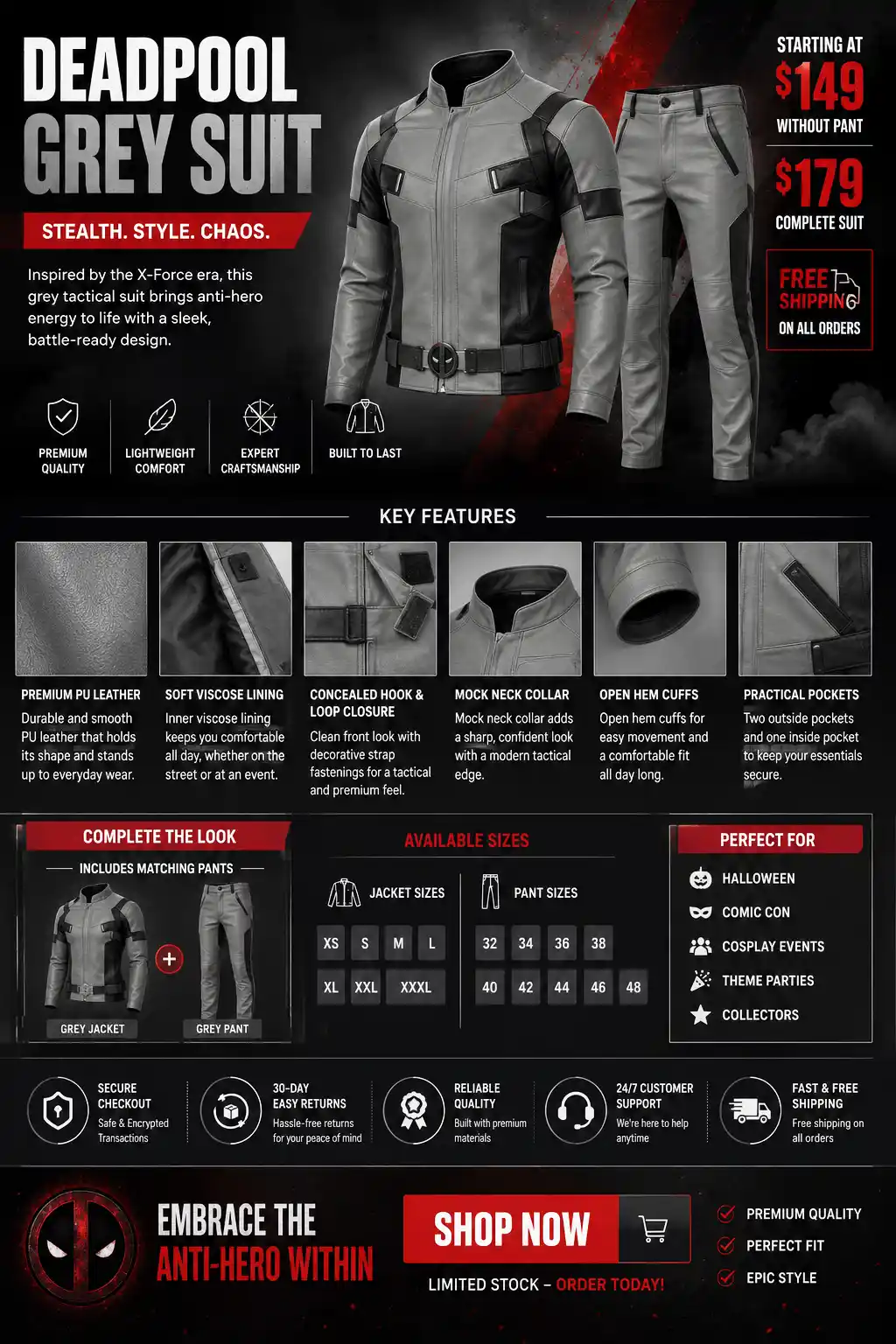 Deadpool grey costume suit