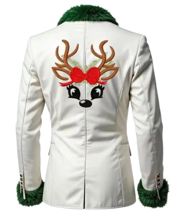 Deer Embroidered On The Back Green Shearling Collar Christmas Blazer White