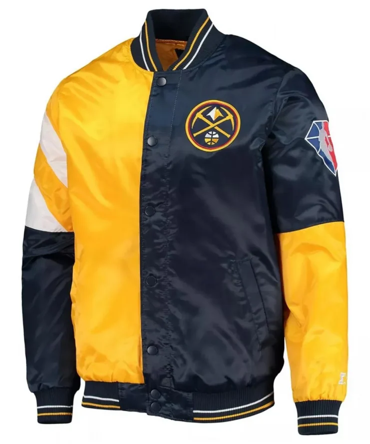 Denver Nuggets Full Snap Color Block Satin Yellow And Navy Blue Jacket