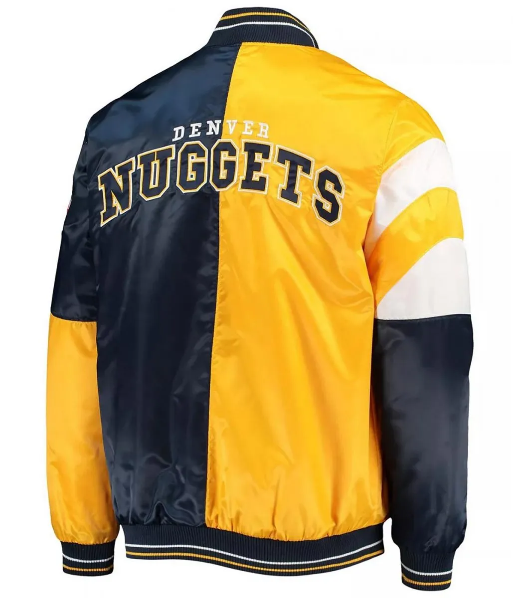 Denver Nuggets Full Snap Color Block Satin Yellow And Navy Blue Jacket Back