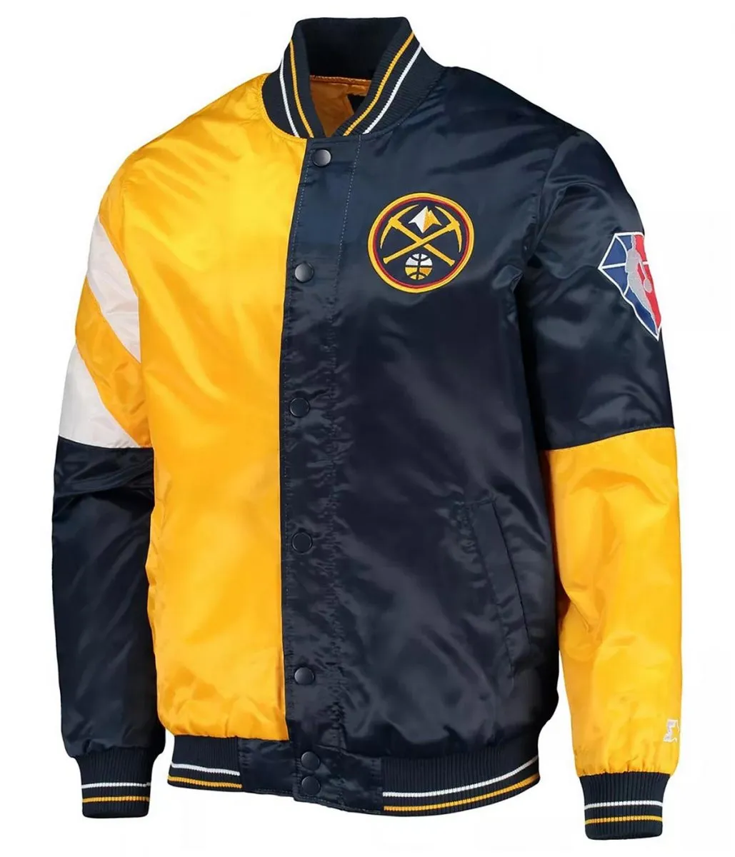 Denver Nuggets Full Snap Color Block Satin Yellow And Navy Blue Jacket