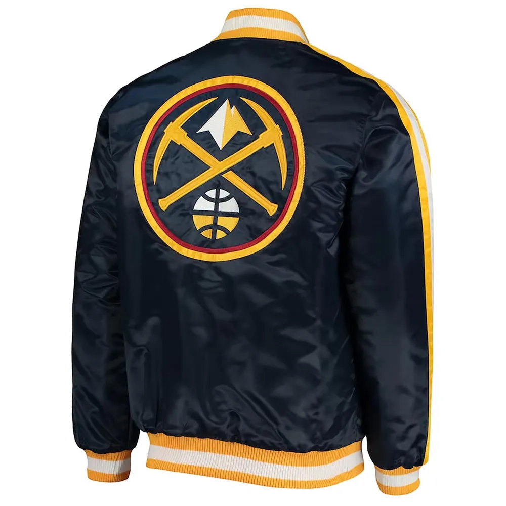 Denver Nuggets Offensive Navy Varsity Satin Jacket Back