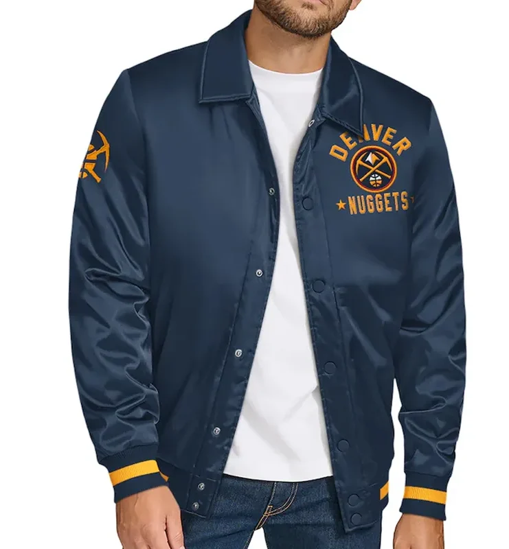 Denver Nuggets Stitch Applique Navy Satin Jacket