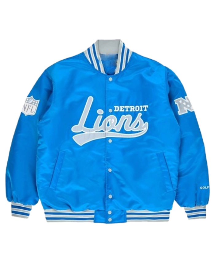 Detroit Lions Golf Wang 2025 Blue Satin Full Snap Bomber Jacket