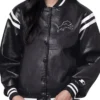 Detroit Lions High Heat Vegan Full Snap Leather Black Varsity Jacket