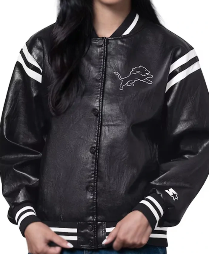 Detroit Lions High Heat Vegan Full Snap Leather Black Varsity Jacket