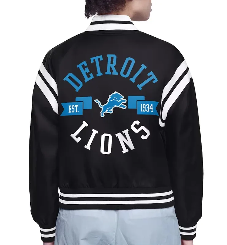 Detroit Lions Printed Logo Varsity Satin Jacket Back