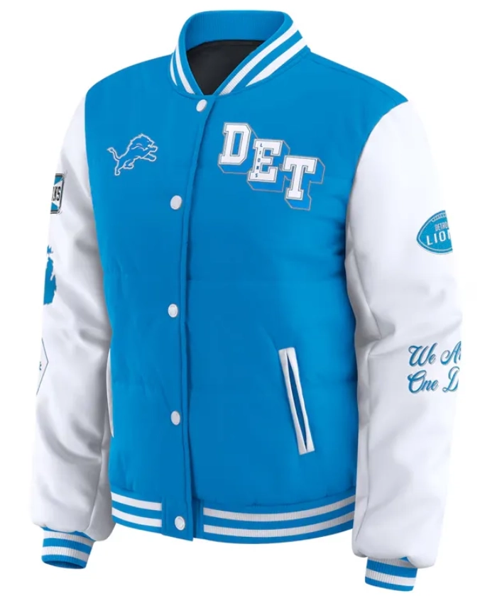 Detroit Lions Puffer Blue And White Full Snap Varsity Jacket