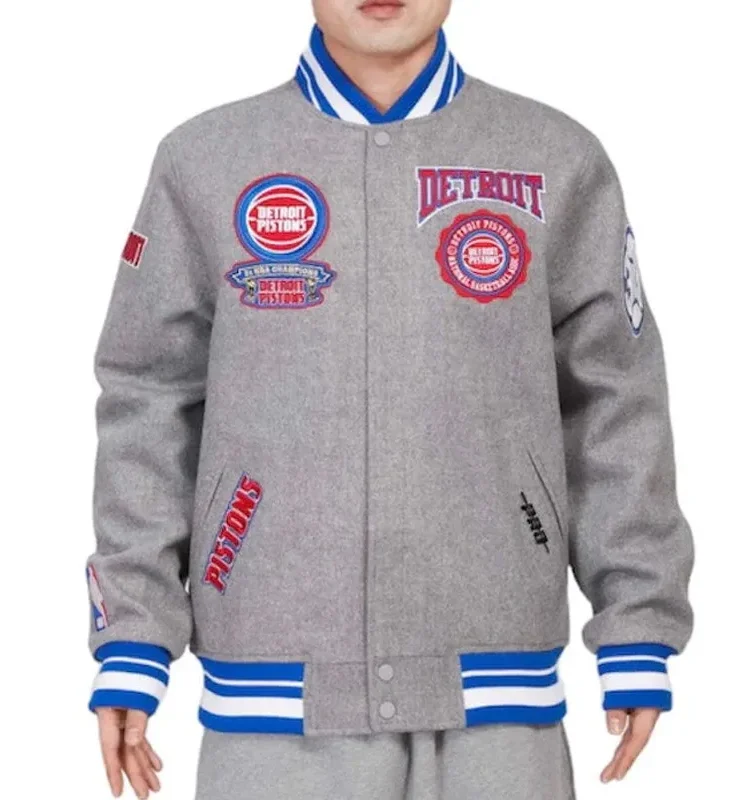 Detroit Pistons Crest Emblem Grey Varsity Jacket