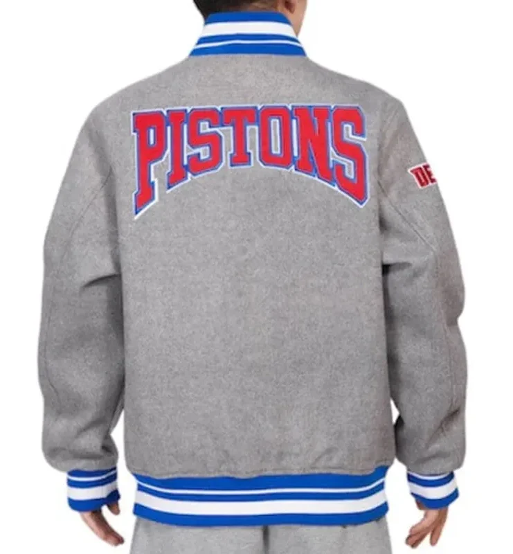Detroit Pistons Crest Emblem Grey Varsity Jacket Back