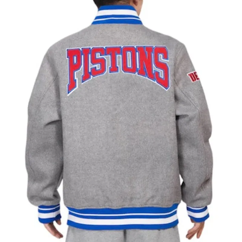 Detroit Pistons Crest Emblem Grey Varsity Jacket Back