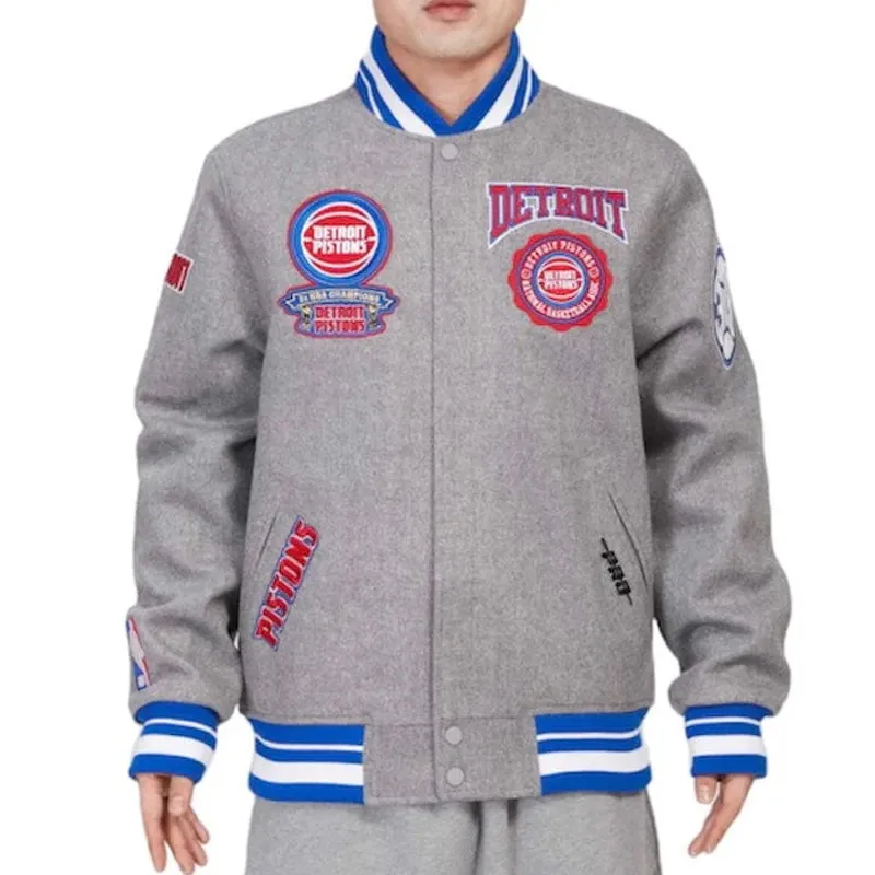 Detroit Pistons Crest Emblem Grey Varsity Jacket