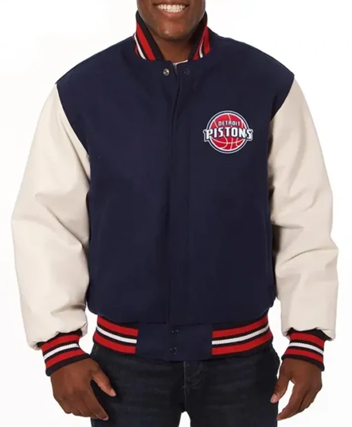 Detroit Pistons Navy Blue And White Varsity Jacket