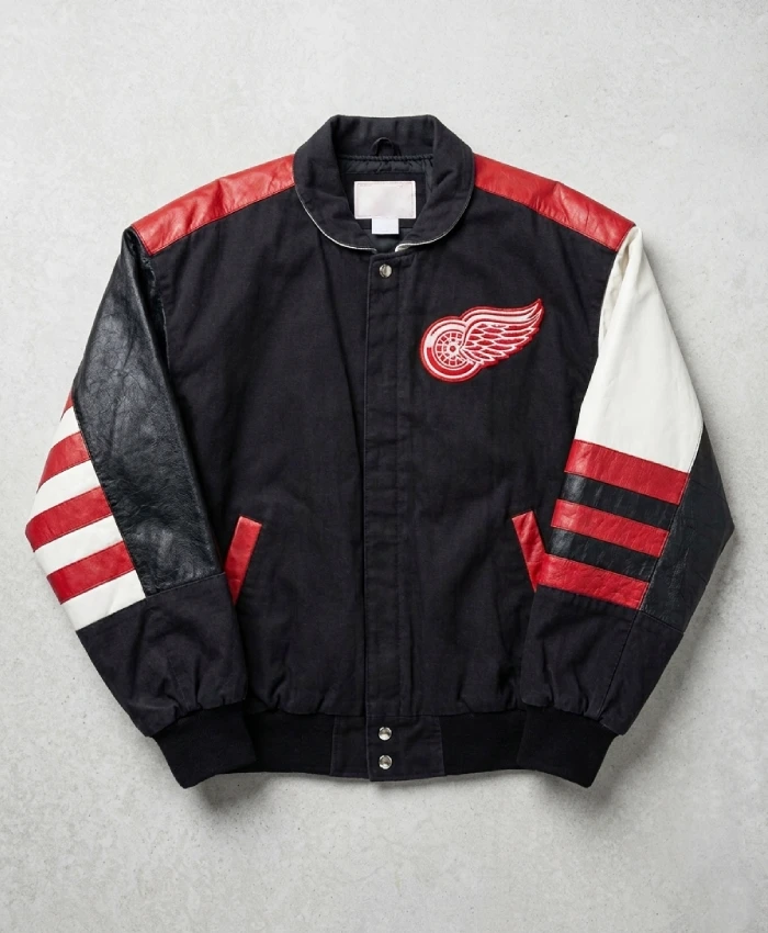 Detroit Red Wings Jeff Hamilton Leather Sleeves Varsity Jacket