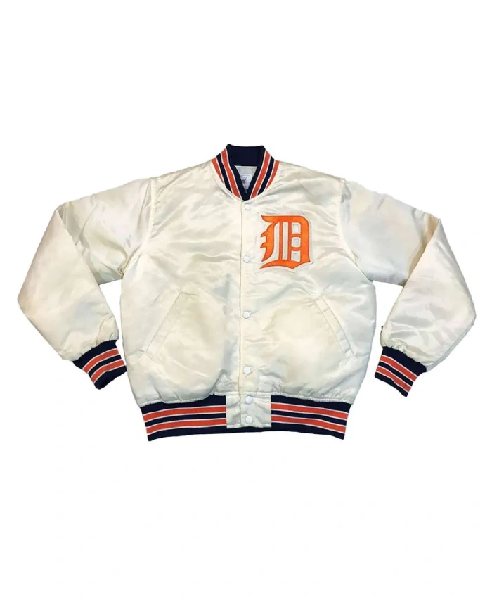 Detroit Tigers 80s Bomber White Satin Jacket