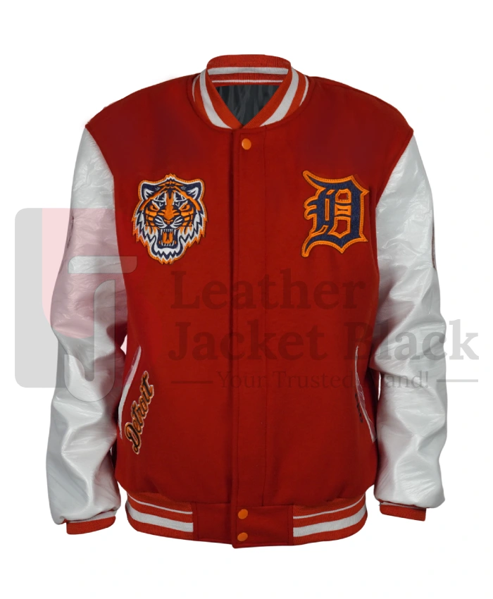 Detroit Tigers American League OrangeOff Full Zip Wool And Leather Varsity Jacket