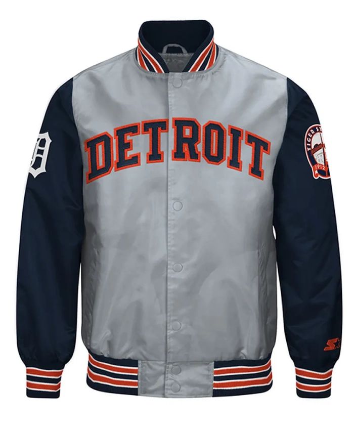 Detroit Tigers Full Snap Gray And Navy Satin Letterman Jacket
