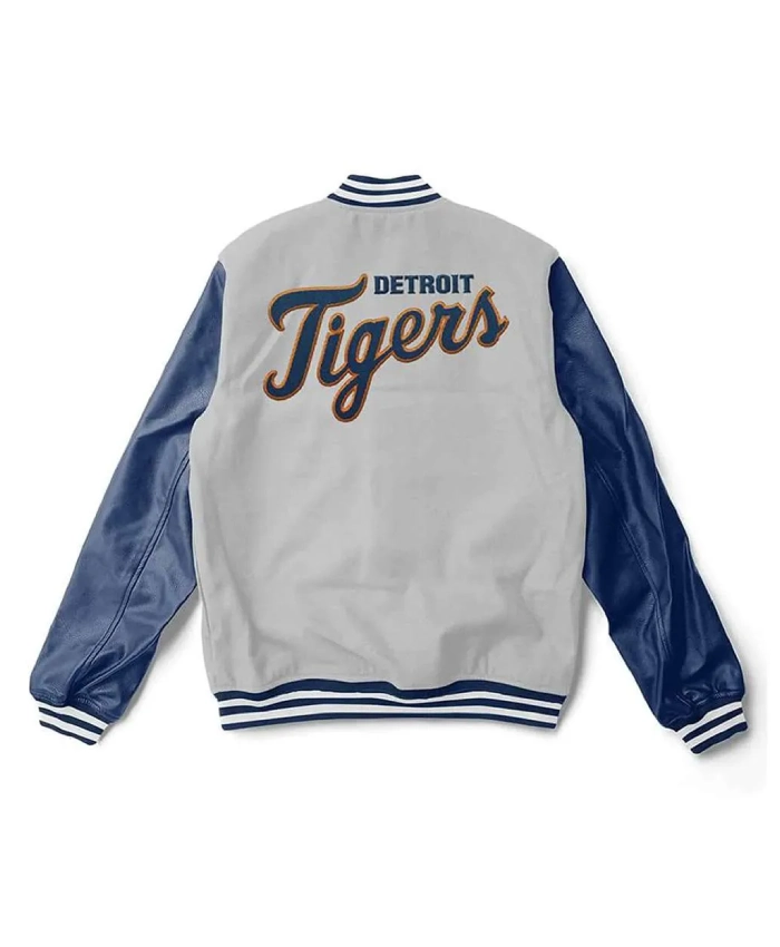 Detroit Tigers Full Snap Grey And Blue Full Snap WoolLeather Varsity Jacket