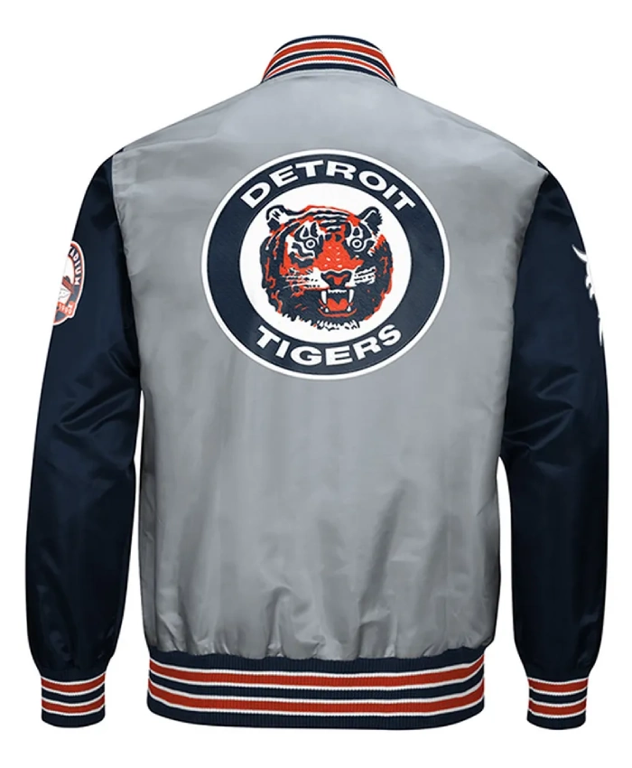 Detroit Tigers Gray And Navy Satin Varsity Jacket