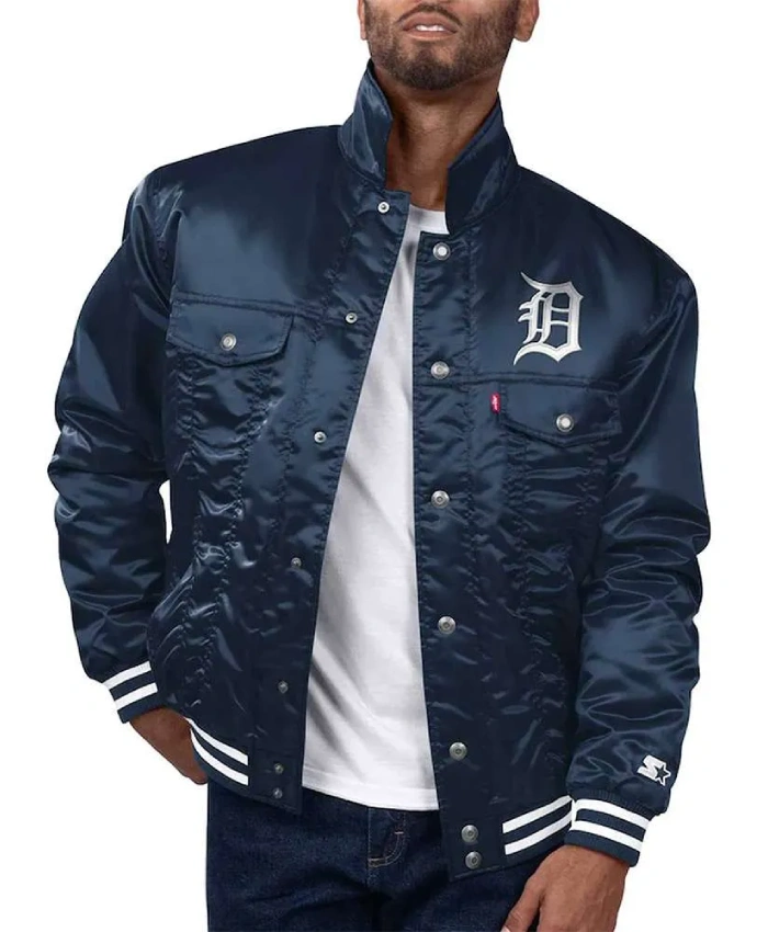 Detroit Tigers Navy Silver Tab Trucker Satin Jacket
