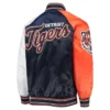 Detroit Tigers Reliever Varsity Full Snap Satin Navy And Orange Jacket