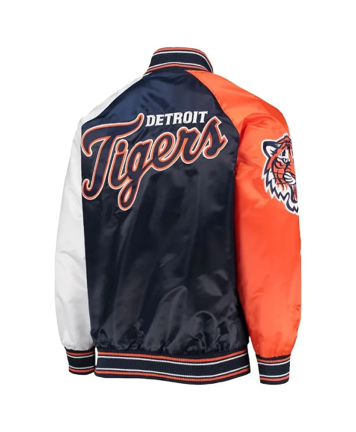Detroit Tigers Reliever Varsity Full Snap Satin Navy And Orange Jacket