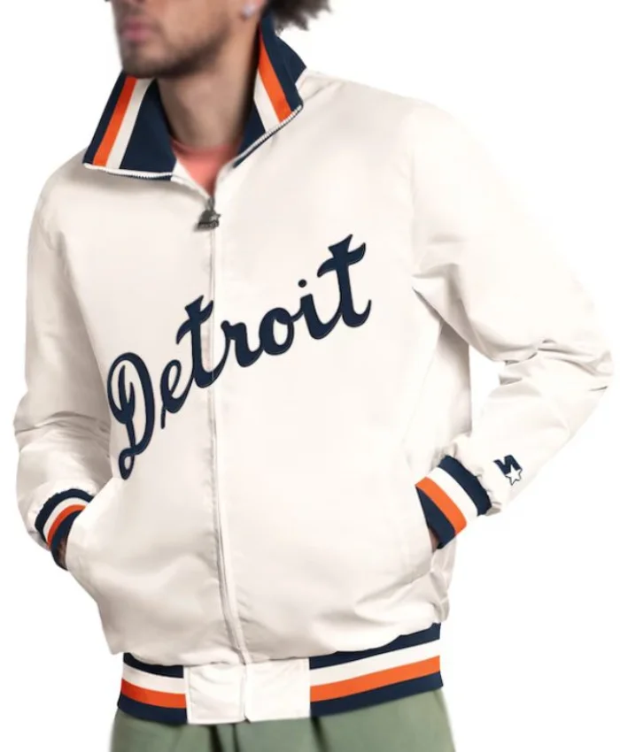 Detroit Tigers The Captain Full Zip Varsity White Satin Jacket For Men And Women