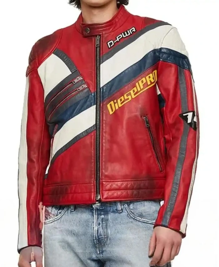 Diesel Power Cafe Racer Red Leather Jacket For Men And Women