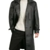 Double Breasted Belted Black Leather Trench Coat
