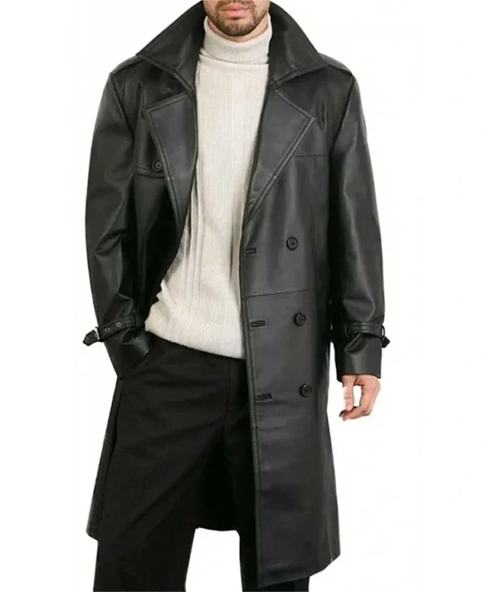 Double Breasted Belted Black Leather Trench Coat