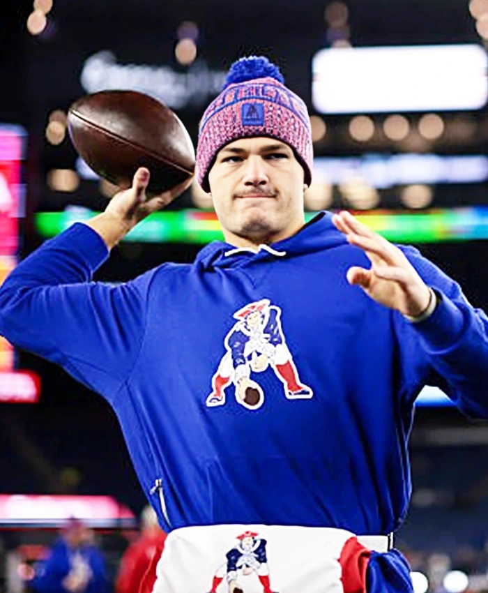 Drake Maye Patriots Retro Logo Blue Hoodie