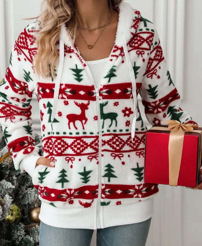 Drawstring Christmas Element Hooded Jacket