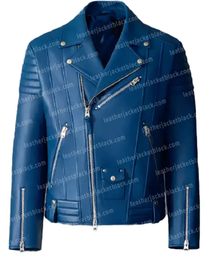 E News 2025 Akbar Gbajabiamila Blue Biker Jacket