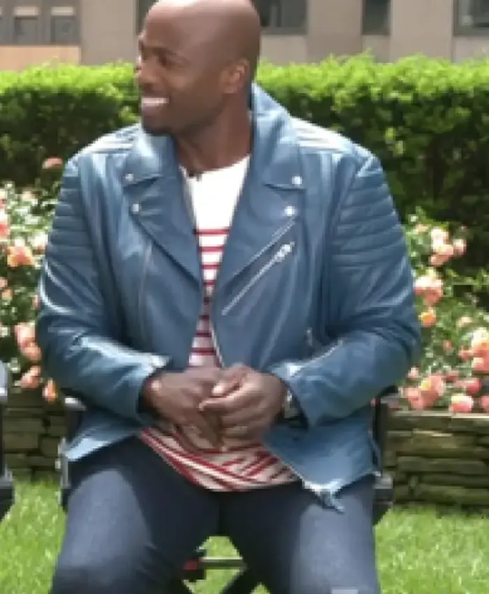 Alternative view of E News 2025 Akbar Gbajabiamila Blue Biker Jacket