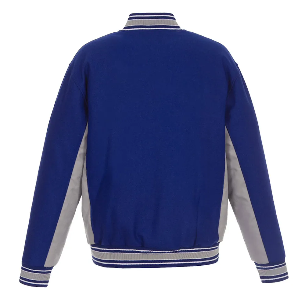 Edmonton Oilers Accent Royal Gray Poly Twill Wool Varsity Jacket Back