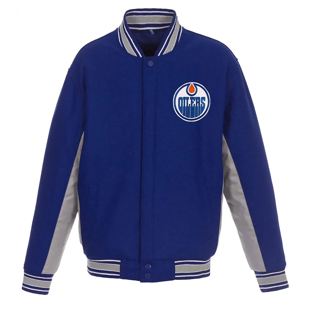Edmonton Oilers Accent Royal Gray Poly Twill Wool Varsity Jacket