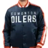 Edmonton Oilers O Line Navy Blue Satin Varsity Jacket