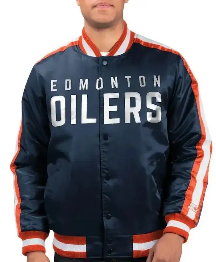 Edmonton Oilers O Line Navy Blue Satin Varsity Jacket
