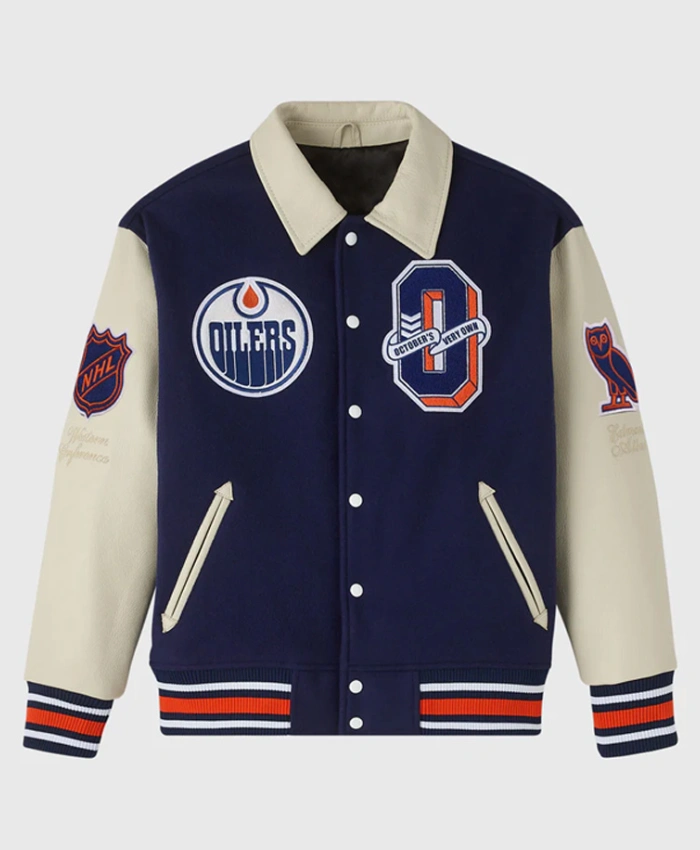 Edmonton Oilers OVO Navy And Beige Varsity Jacket