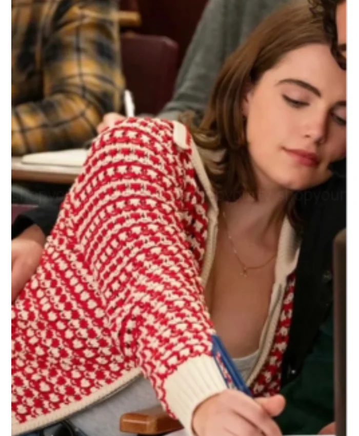 Ella Bright TV Series Off Campus 2025 Hannah Wells Red And Beige Knit Jacket