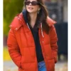 Emily Ratajkowski New York Orange Puffer Hooded Jacket