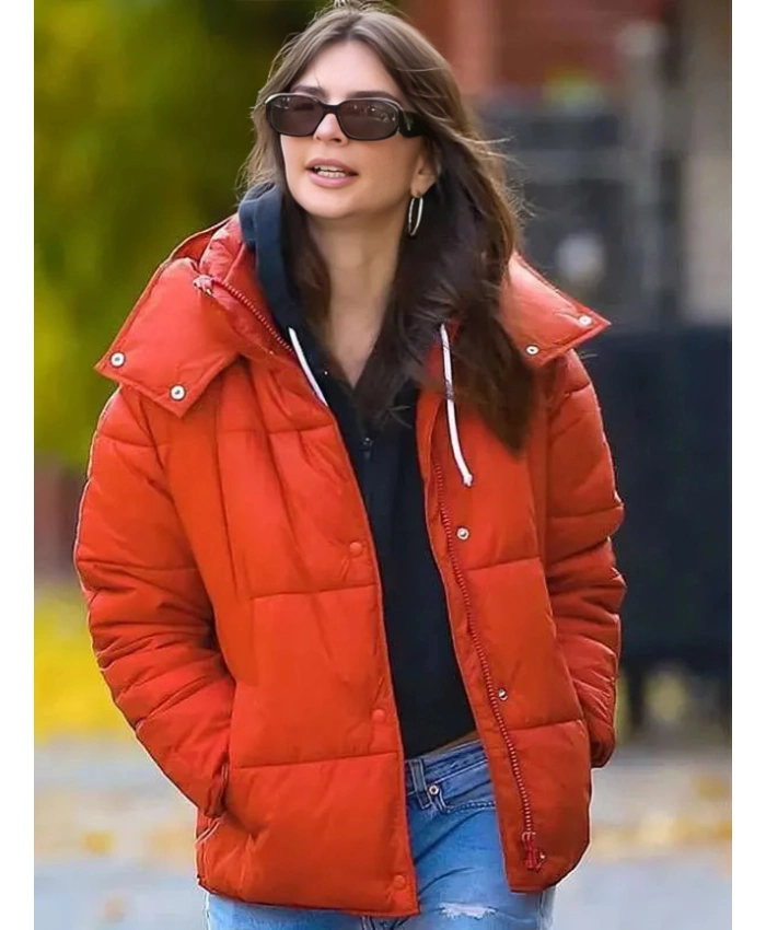 Emily Ratajkowski New York Orange Puffer Hooded Jacket