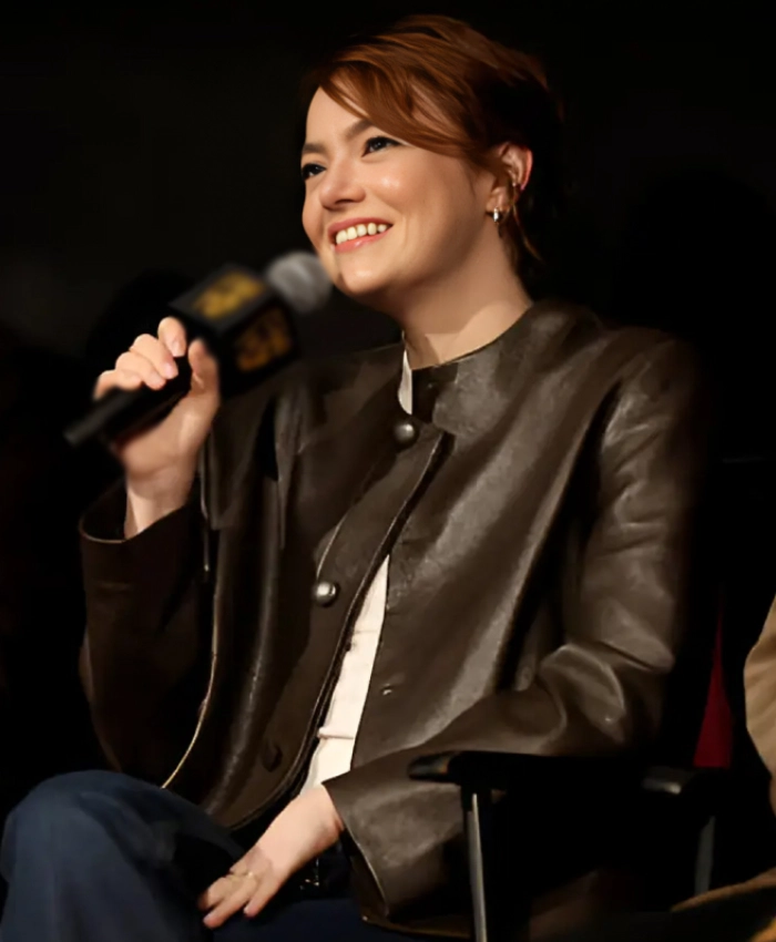 Emma Stone Bugonia BAFTA Screening 2025 Black Leather Jacket