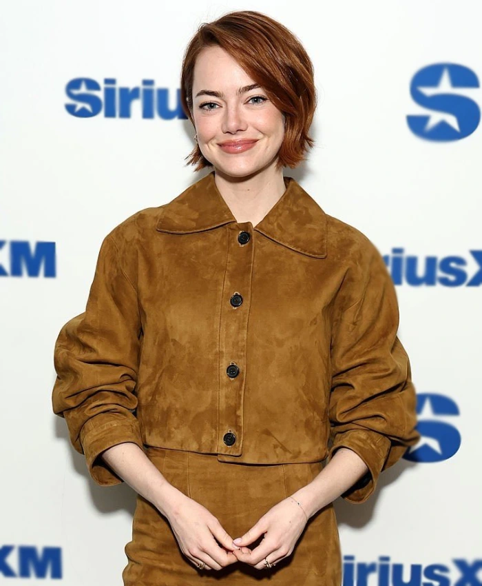 Emma Stone SiriusXMs Town Hall Suede Leather Brown Cropped Jacket
