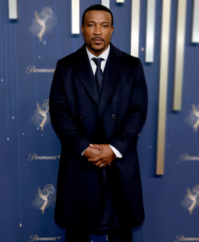 Emmys Red Carpet Ashley Walters Navy Coat