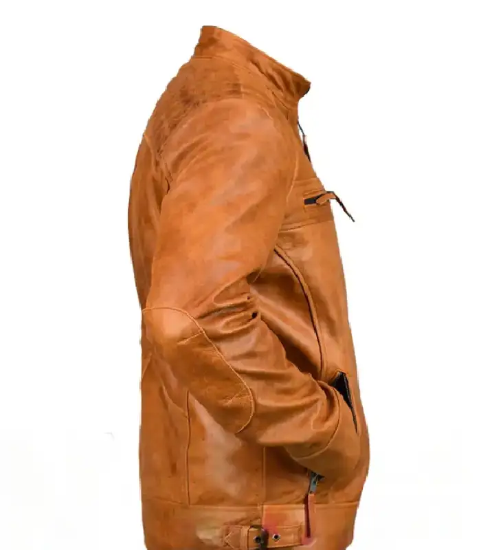 Ethan Distressed Brown Waxed Leather Cafe Racer Jacket For Sale