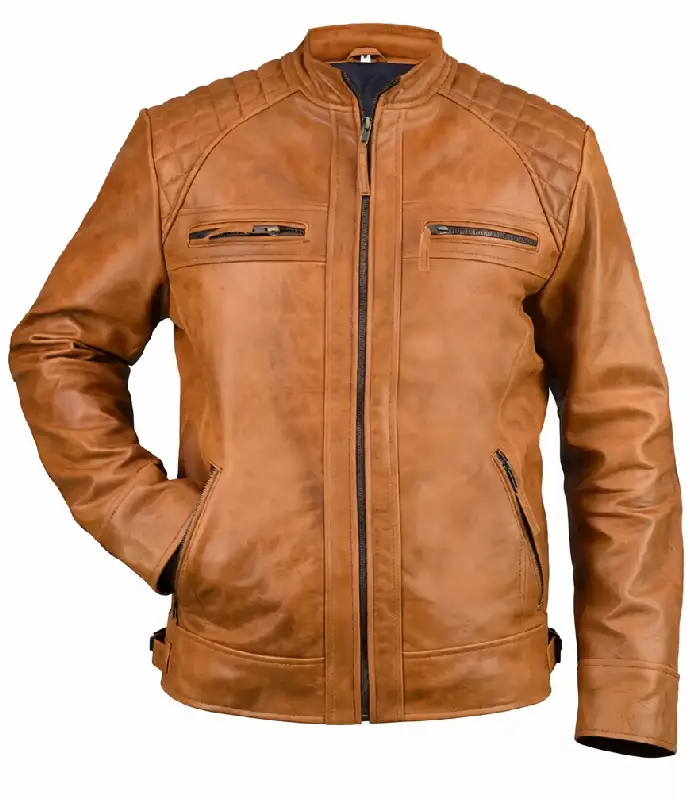 Ethan Distressed Waxed Leather Cafe Racer Jacket For Sale