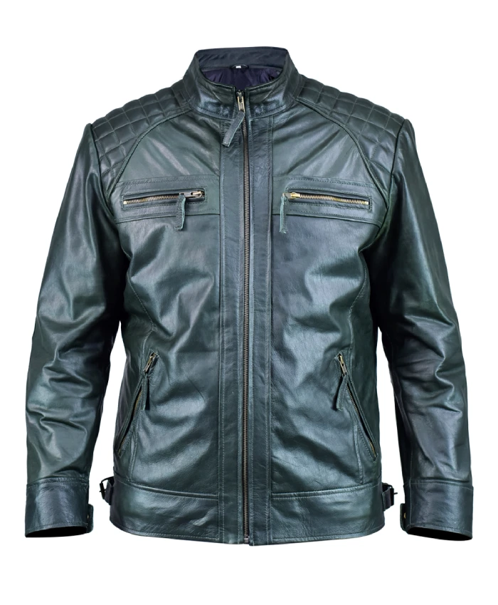 Ethan Distressed Waxed Leather Cafe Racer Green Jacket
